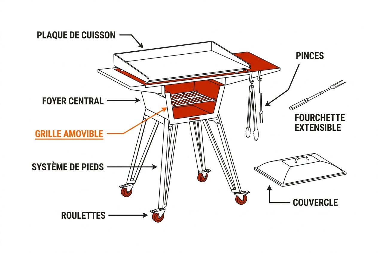 Brasero extérieur sur pied illustré avec grille amovible, foyer central et plaques, pieds sur roulettes et couvercle assorti.