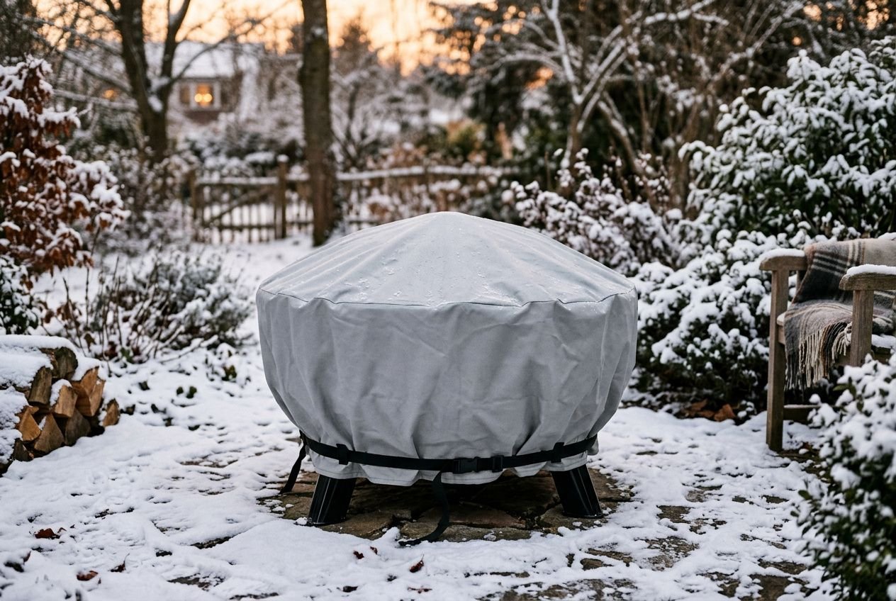 Brasero extérieur sur pied recouvert d'une housse, posé dans un jardin enneigé avec fauteuil et bois de chauffage à proximité.