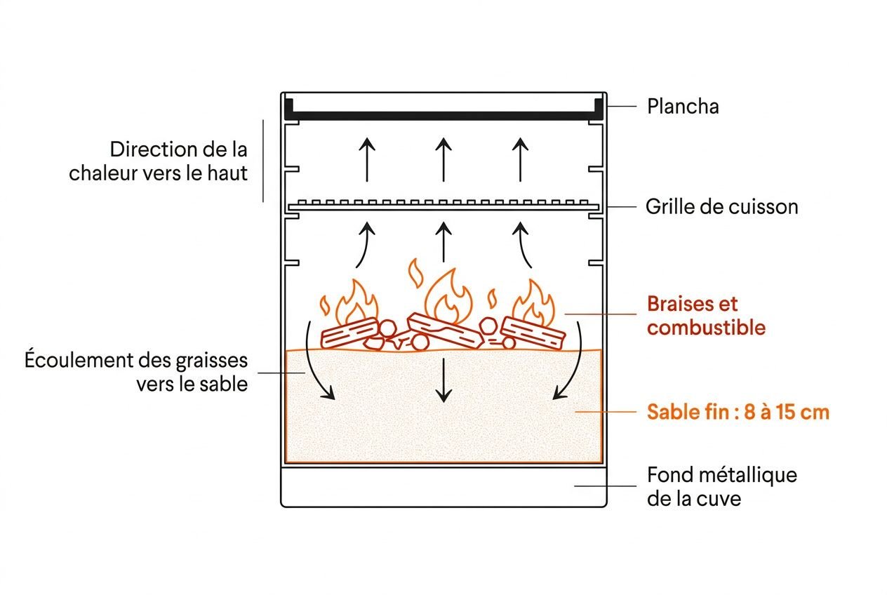 Schéma illustrant une isolation par sable sous la cuve du brasero pour protéger et stabiliser la chaleur.