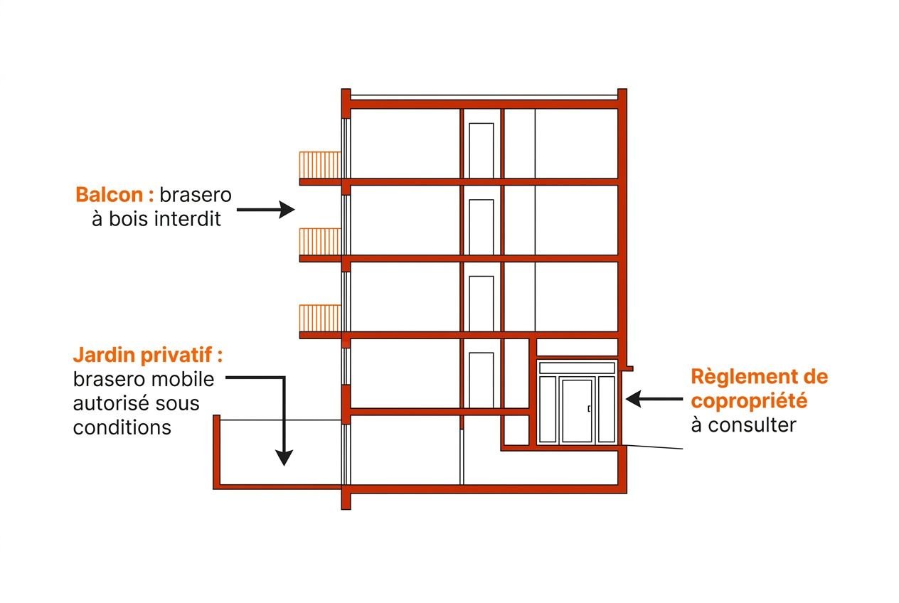 Schéma d'un bâtiment avec balcon boisé interdit et jardin privatif autorisé sous conditions, montrant le règlement de copropriété à consulter et les zones concernées pour un brasero dans le jardin.